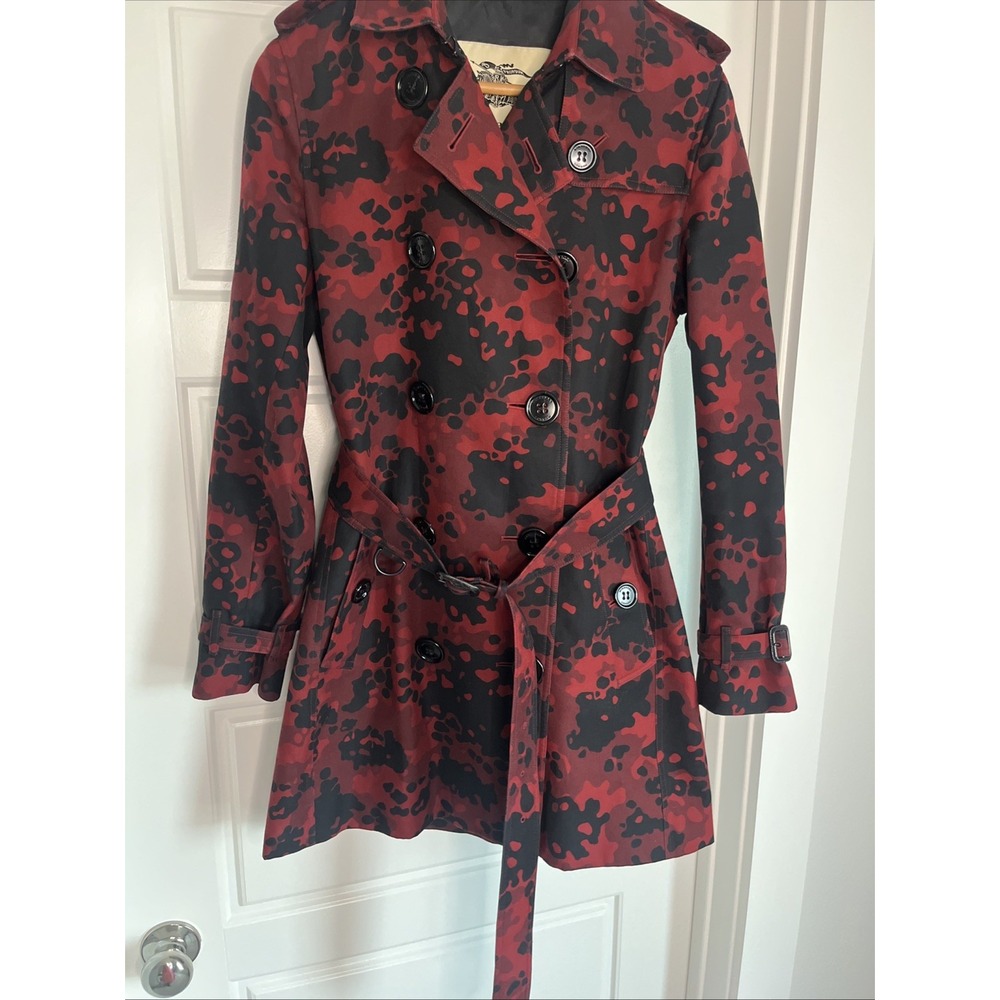 Burberry London Peacoat Double Breasted Cotton Red Black Camouflage 10 Luxury - Picture 4 of 16